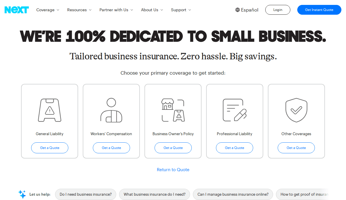 Screenshot of the Next Insurance website homepage highlights its insurance website design, featuring five coverage options—each with a Get a Quote button—showcasing why it stands out as one of the best insurance websites.