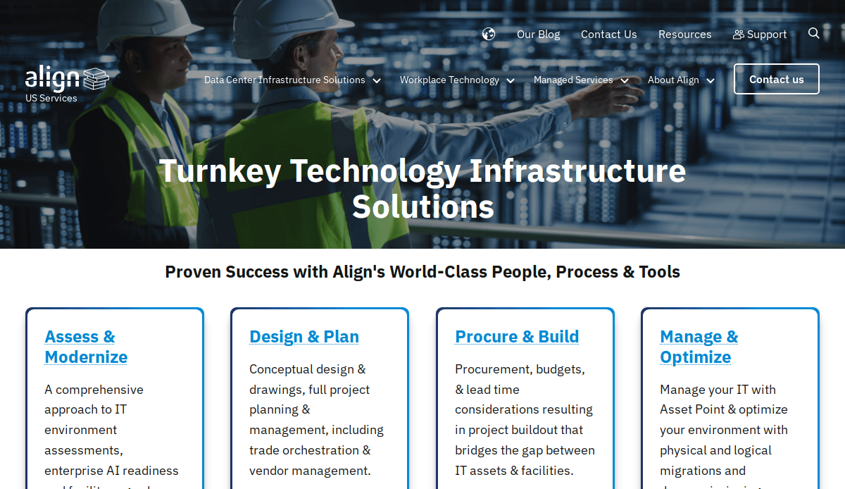 Two workers in safety helmets and vests examine server racks in a data center. This IT company website promotes Aligns turnkey technology infrastructure solutions as a valuable sales asset, highlighting assessment, design, procurement, and management services.