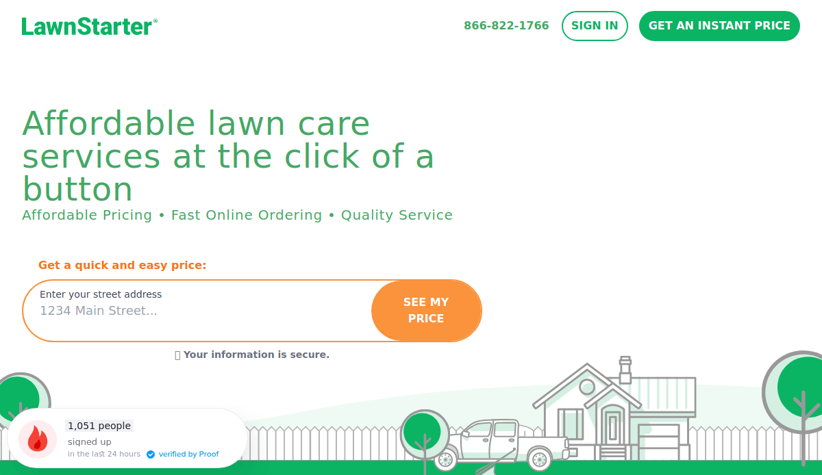 A website landing page for LawnStarter with a form to enter a street address for affordable lawn care services. The green and white design features a house illustration, sign-up count in the lower left, and highlights professional lawn maintenance.