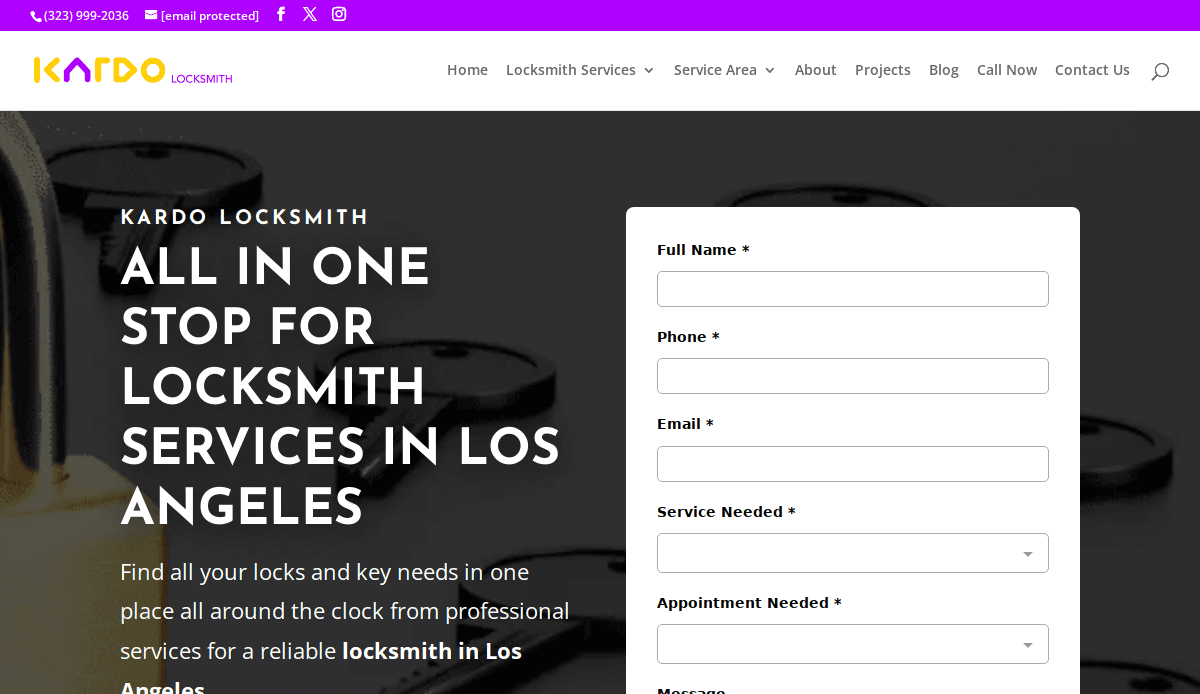 Screenshot of Kardo Locksmiths website homepage, showcasing a modern locksmith website design with a contact form on the right and bold service text on the left. The top menu includes navigation links, contact details, and options for locksmith leads.