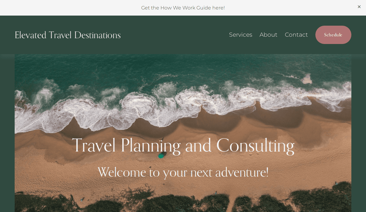 Aerial view of waves crashing on a sandy beach with greenery, overlaid with text: Travel Planning and Consulting. Discover a high-performing site designed to drive sales—your next adventure starts here! Menu: Services, About, Contact, Schedule.