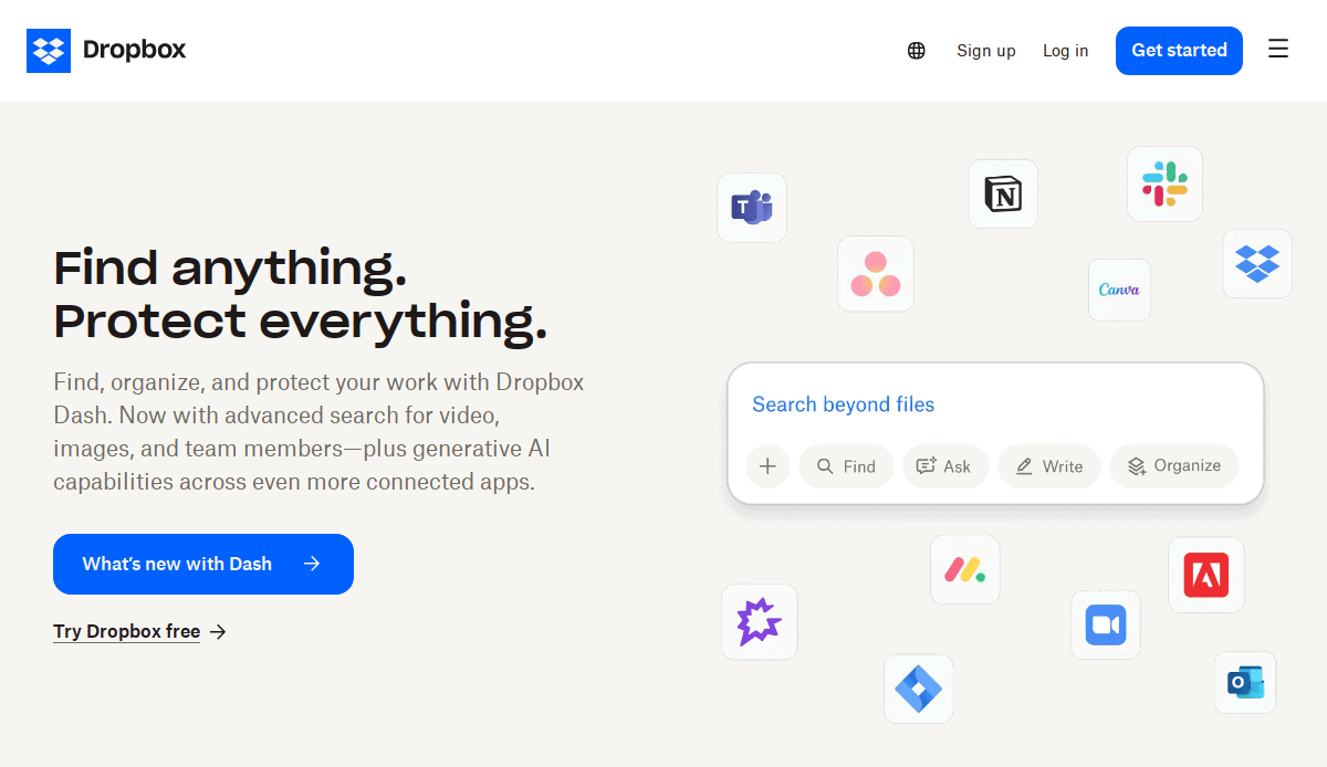 Dropbox homepage displaying the slogan Find anything. Protect everything. with app icons, a search bar, and navigation buttons for sign up, log in, and getting started.