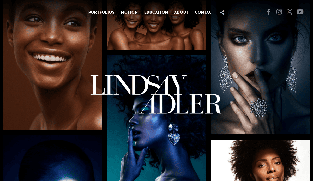 A collage of striking fashion portraits features diverse models with dramatic lighting and bold makeup; overlaid text reads “Lindsay Adler.” Showcasing top Photography Website Design, the menu includes Portfolio, Motion, Education, About, and Contact.