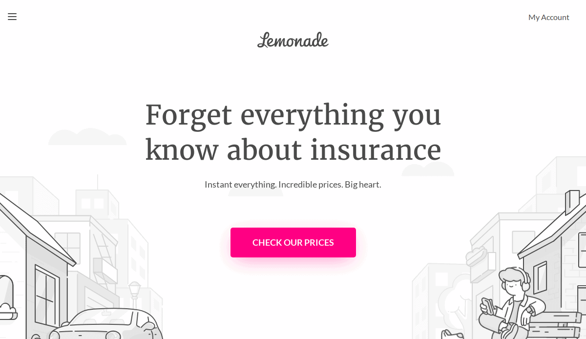 A standout insurance website design featuring the Lemonade logo, bold text—Forget everything you know about insurance—a catchy tagline, and a vibrant pink CHECK OUR PRICES button. Minimal line art of a person and car accent the corners.