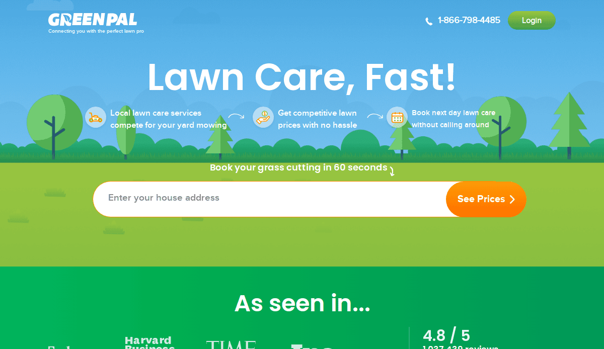 Screenshot of GreenPal’s homepage showing a banner that reads Lawn Care, Fast! with icons for local lawn service, competitive prices, and next day booking. There’s a search bar to enter an address and a “See Prices” button.