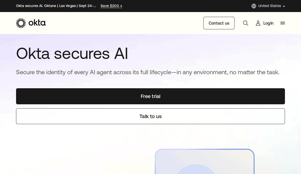 Screenshot of Okta’s website featuring the headline Okta secures AI and a subtitle on protecting AI agents’ identities. The clean layout reflects top cybersecurity website designs, with buttons for Free trial, Talk to us, and easy navigation.