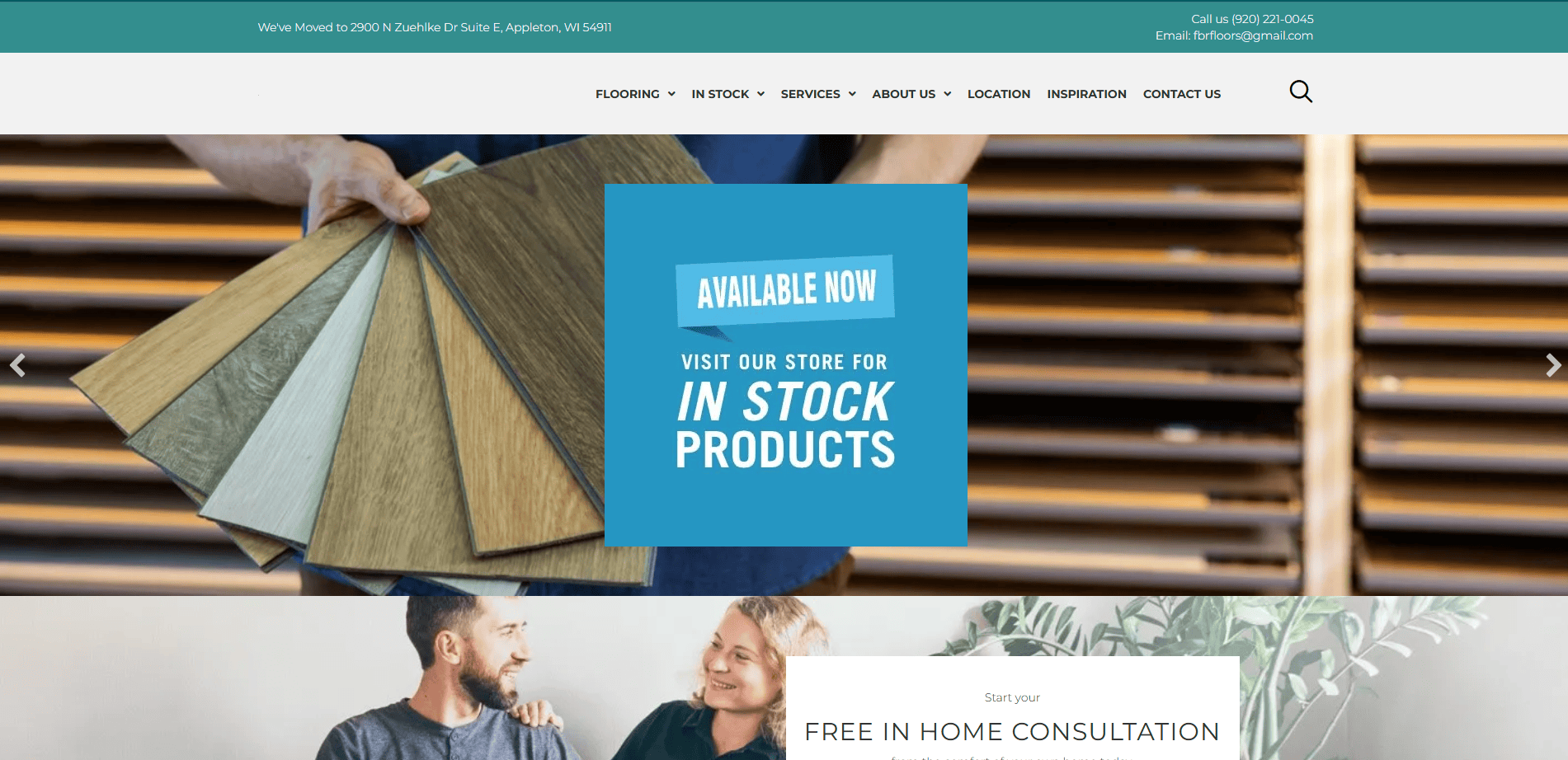 A person holds several wood flooring samples fanned out. Overlayed text reads Available Now: Visit our store for in stock products. The website header highlights contact info, navigation links, and features a professional flooring website design.