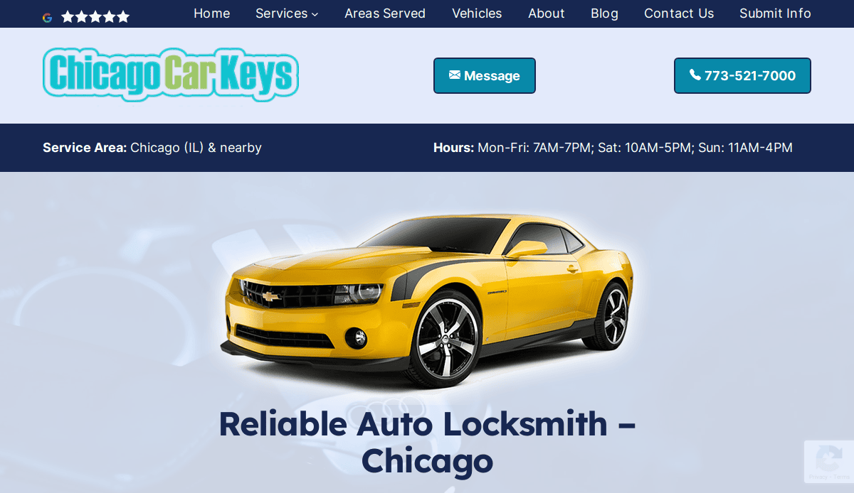Screenshot of the Chicago Car Keys locksmith website design homepage, featuring a yellow sports car and text promoting reliable auto locksmith services in Chicago, with contact info and business hours at the top.