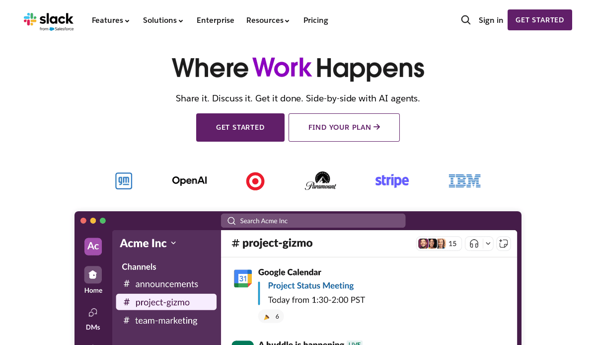 Screenshot of Slack’s homepage showing the slogan “Where Work Happens,” buttons for “Get Started” and “Find Your Slack,” and a preview of the Slack chat interface with sample messages and calendar integration.