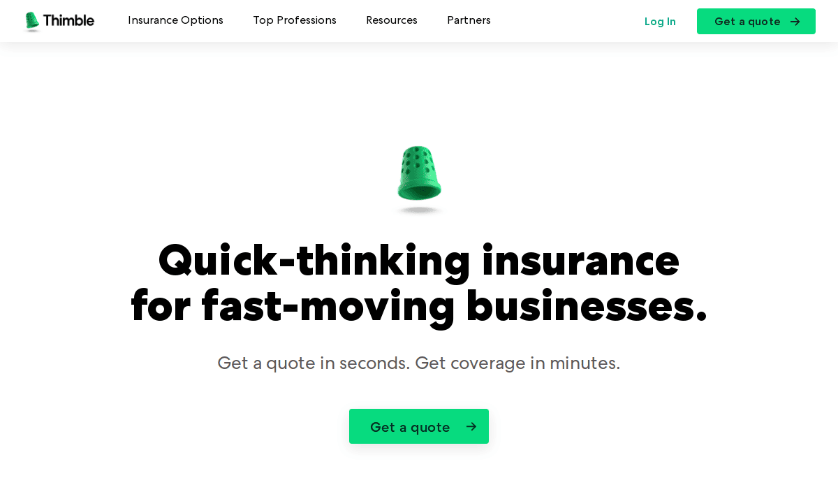 Thimble homepage with a green thimble icon above bold text reading “Quick-thinking insurance for fast-moving businesses.” Buttons for Get a quote and navigation menu give it the look of a best insurance website.