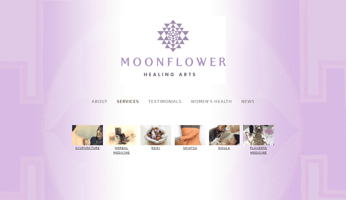 A wellness website homepage for Moonflower Healing Arts features a purple geometric logo, navigation links, and six service icons: acupuncture, herbal medicine, reiki, shiatzu, doula, and placenta medicine—showcasing holistic web design.