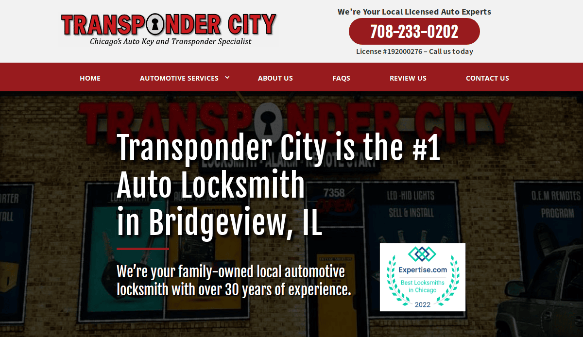 Screenshot of the Transponder City locksmith website design, featuring the business name, contact info, and a tagline that highlights them as Bridgeview, IL’s #1 auto locksmith with over 30 years of experience.