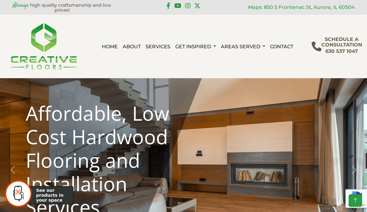 Screenshot of the Creative Floors professional flooring website homepage, featuring a modern living room with hardwood flooring, a staircase, company logo, and navigation menu with contact details at the top.