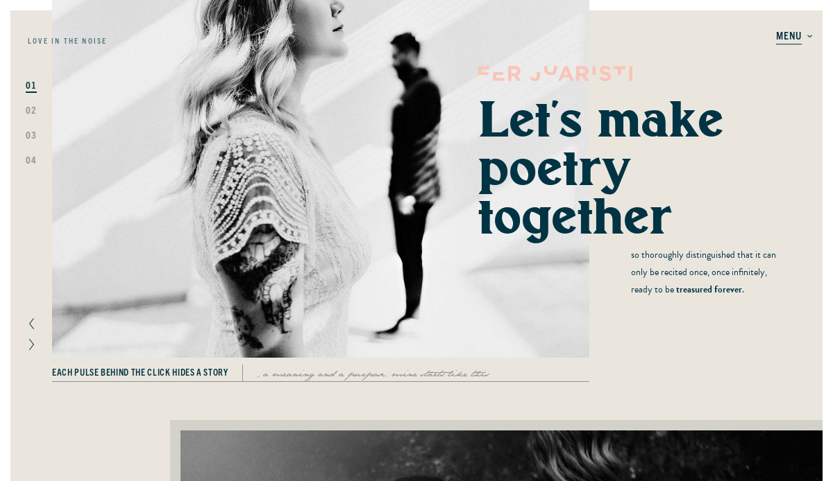 A black-and-white photo of a tattooed woman in lace, with a blurred man behind her. Large text reads Lets make poetry together on a beige, modern photography website design layout—one of the best examples for creative SEO inspiration.