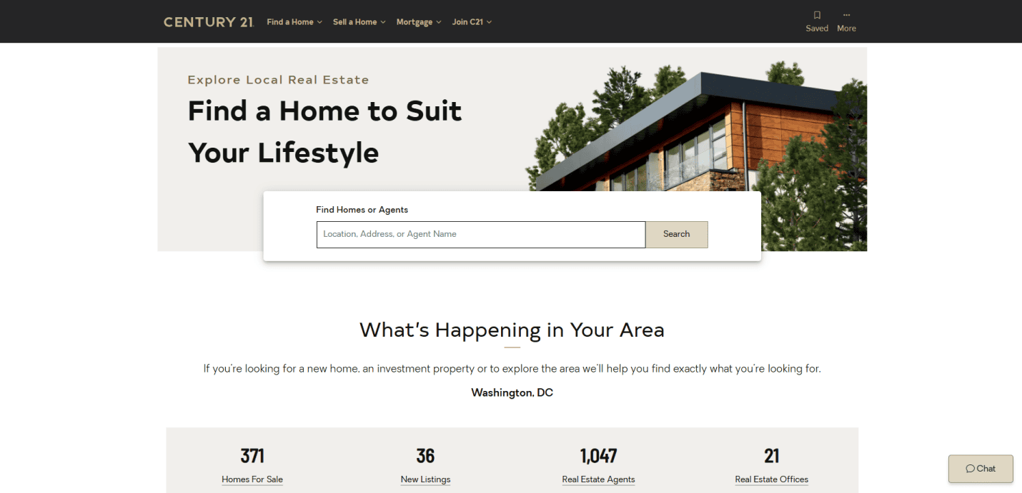 Screenshot of a high-converting Century 21 realtor website design, featuring a search bar for homes or agents, a modern house image, and local real estate statistics for Washington, DC.