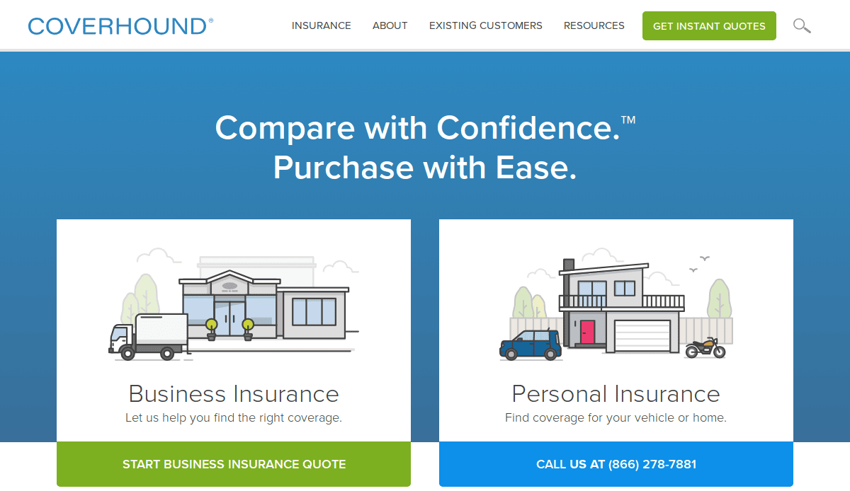 A website screenshot for CoverHound showcasing a top insurance website design, featuring business and personal insurance quotes, illustrated images of a building and house with vehicles, plus buttons to start a quote or call for personal insurance.