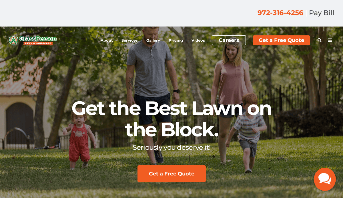 A family of four walks on a green lawn in front of a house. Text reads Get the Best Lawn on the Block, highlighting expert lawn care. A button offers a free quote. The menu and GrassPerson Lawn & Landscape’s contact info top this lawn care website.