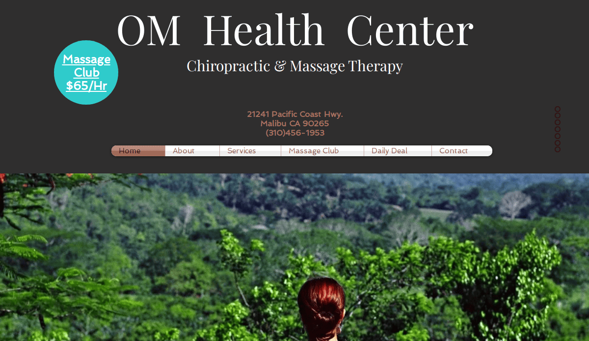 Screenshot of OM Health Centers wellness website header, showing their name, Malibu address, phone number, navigation menu, and a “Massage Club $65/Hr” button—all illustrating holistic web design with a serene background image of a woman in nature.