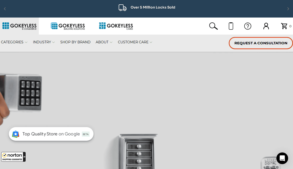 Screenshot of the GoKeyless locksmith website showing the navigation bar, “Request a Consultation” button, a digital lock keypad, filing cabinet, and trust badges like a Google rating and Norton security seal.