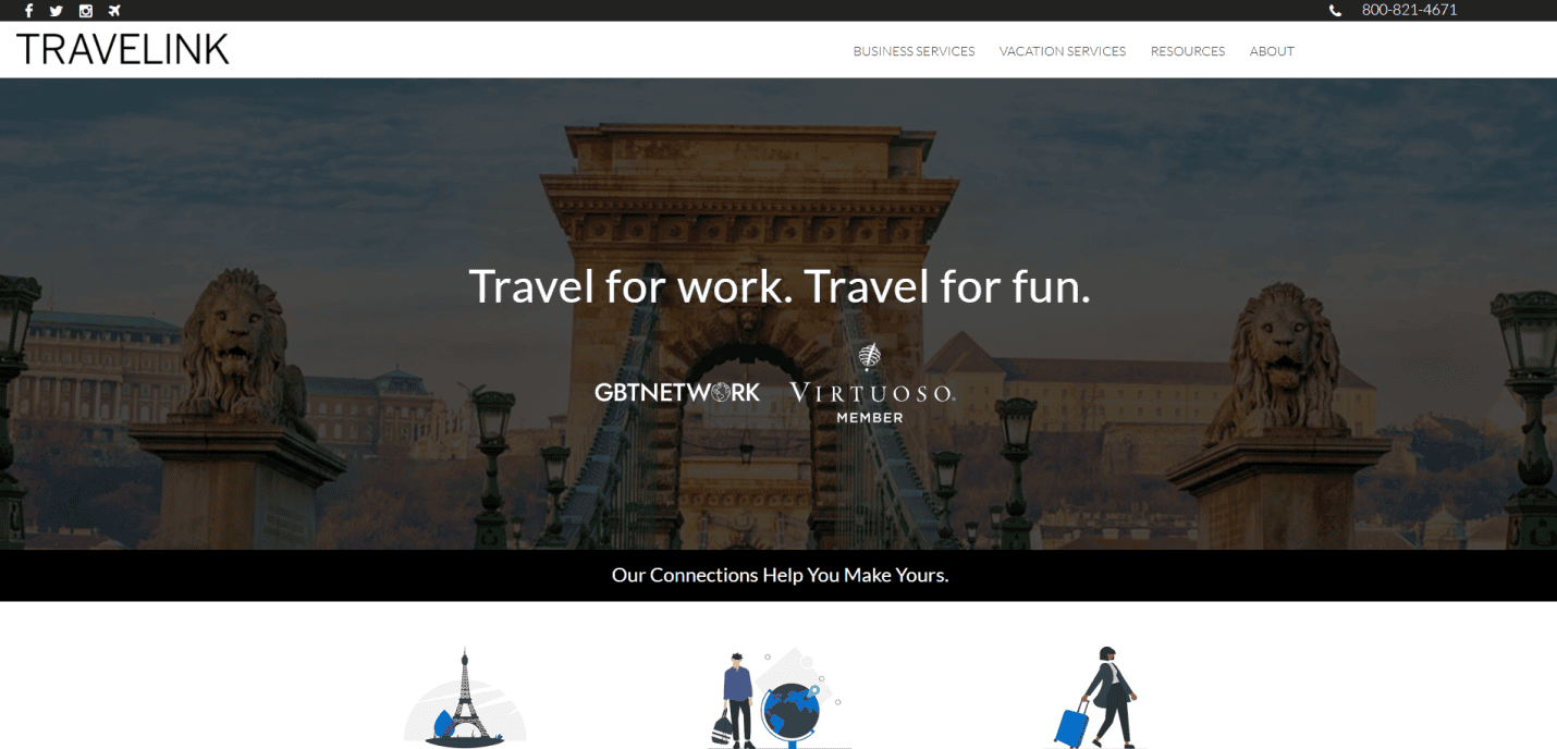 Screenshot of Travellink’s high-performing site homepage featuring a large photo of a European bridge, a header reading “Travel for work. Travel for fun.”, business logos, and icons of travel-related activities below.