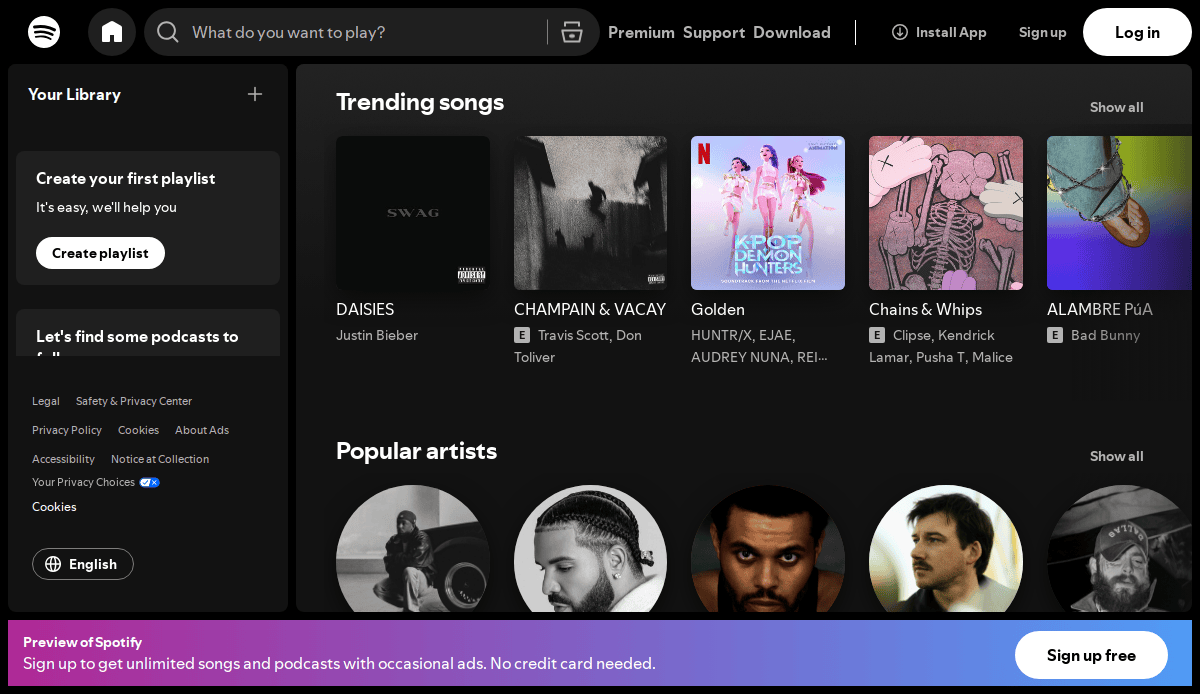 Spotify home page showing trending songs and popular artists. Options to create playlists and find podcasts appear on the left. A banner at the bottom invites users to sign up for free.