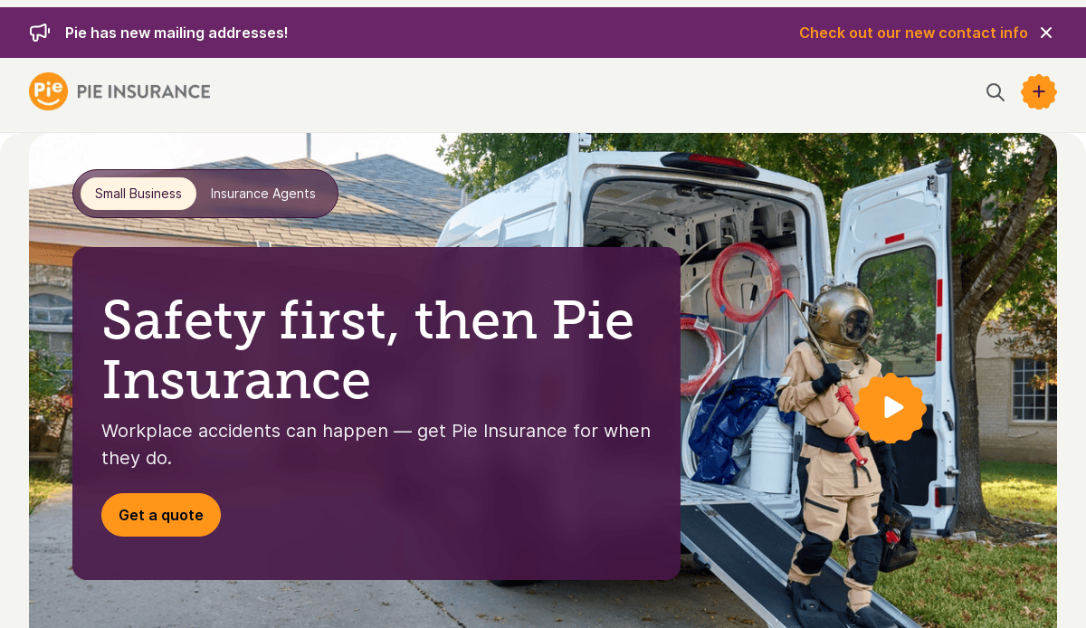 A child in protective gear stands by a white van filled with cleaning equipment. A purple banner reads, Safety first, then Pie Insurance. Visit the best insurance website for peace of mind—get Pie Insurance for workplace accidents.