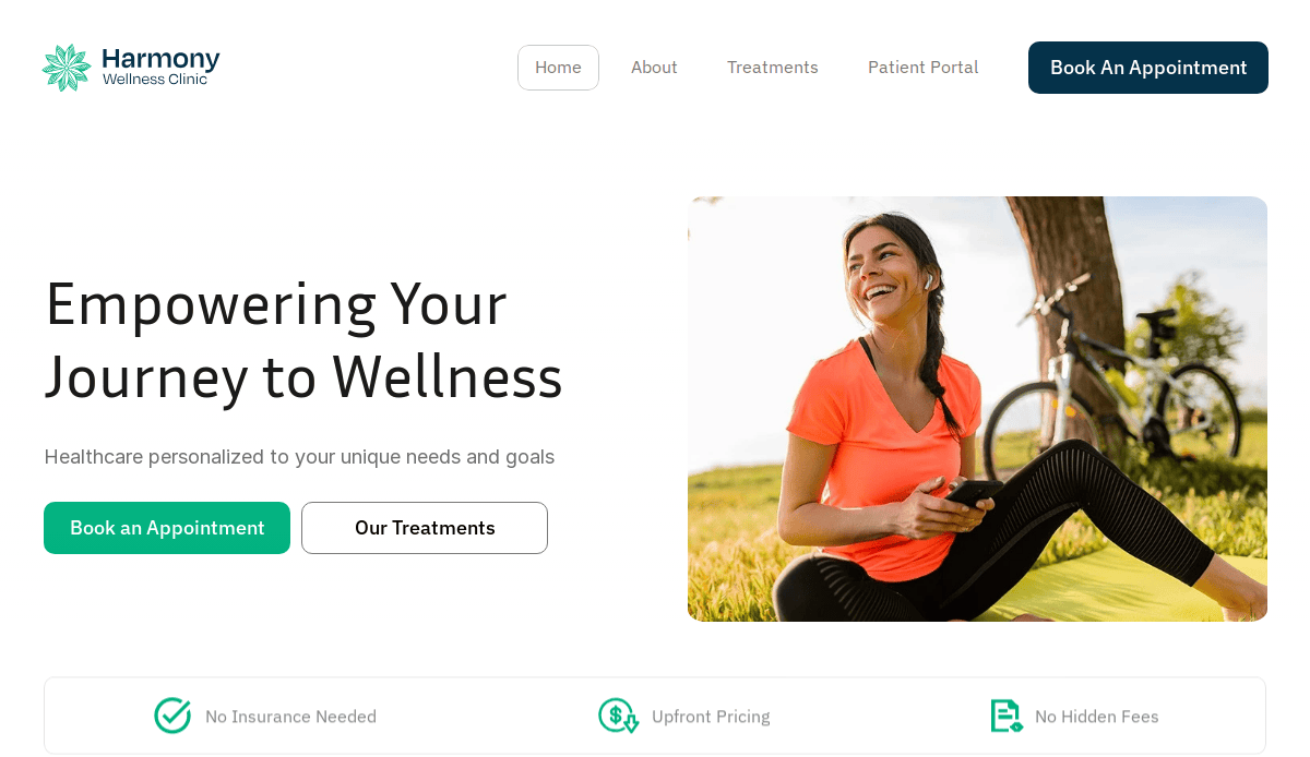 A woman in athletic wear sits on grass, smiling with a bicycle nearby. The Harmony Wellness Clinic wellness website offers options to book an appointment or view treatments, highlighting personalized healthcare and wellness benefits.