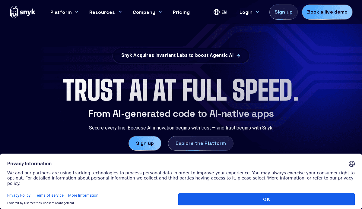Screenshot of Snyk’s homepage featuring the headline “Trust AI At Full Speed,” showcasing modern website designs with options to sign up, explore the platform, and a privacy information banner at the bottom.