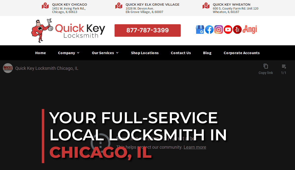 Screenshot of Quick Key Locksmith’s website showcases their logo, contact number, and Chicago-area locations. Featuring large text: “Your full-service local locksmith in Chicago, IL.” A great example of effective locksmith website design.