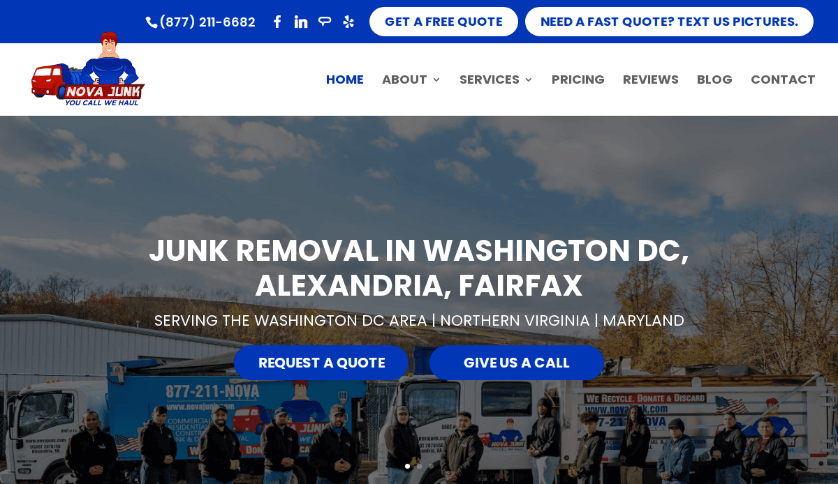 Screenshot of NOVA Junk Removal’s homepage, a standout junk removal website featuring contact info, navigation menu, and “Junk Removal in Washington DC, Alexandria, Fairfax” headline with company trucks and workers in the background.
