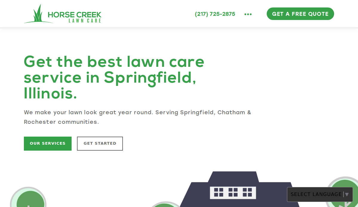 Screenshot of Horse Creek Lawn Care website, featuring a headline that reads Get the best lawn care service in Springfield, Illinois, with navigation buttons for lawn services and a free quote.