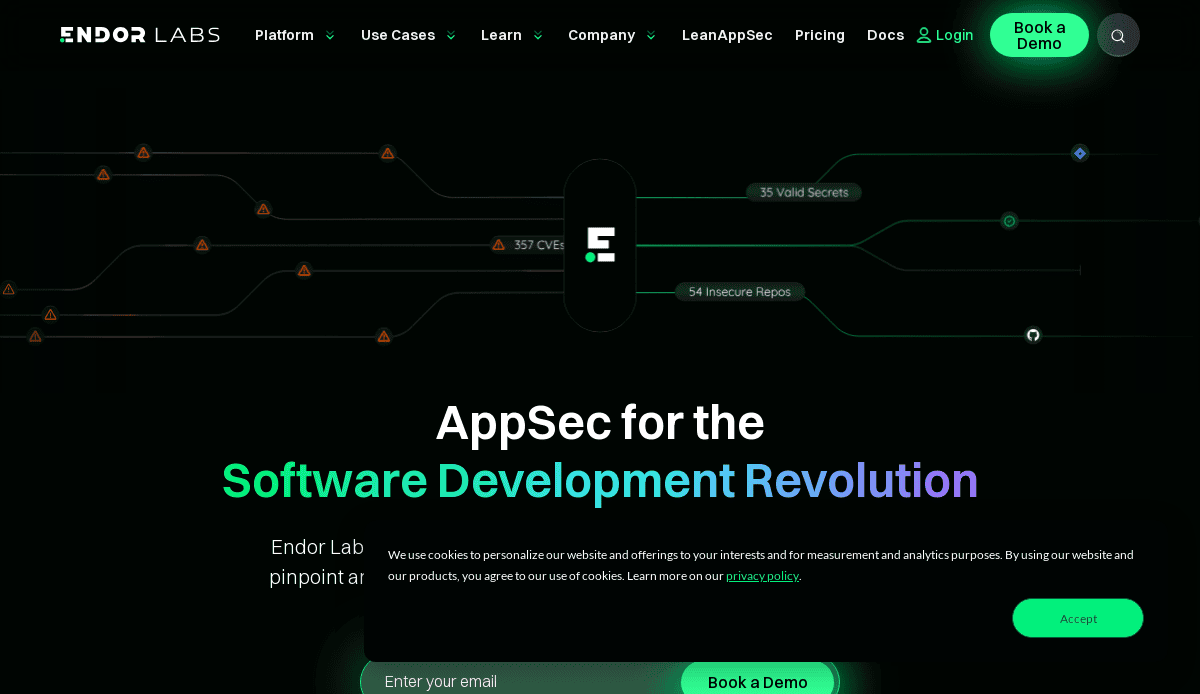 Screenshot of the Endor Labs homepage showcasing standout cybersecurity website designs, featuring the tagline AppSec for the Software Development Revolution on a dark background with green and purple text, plus navigation links at the top.