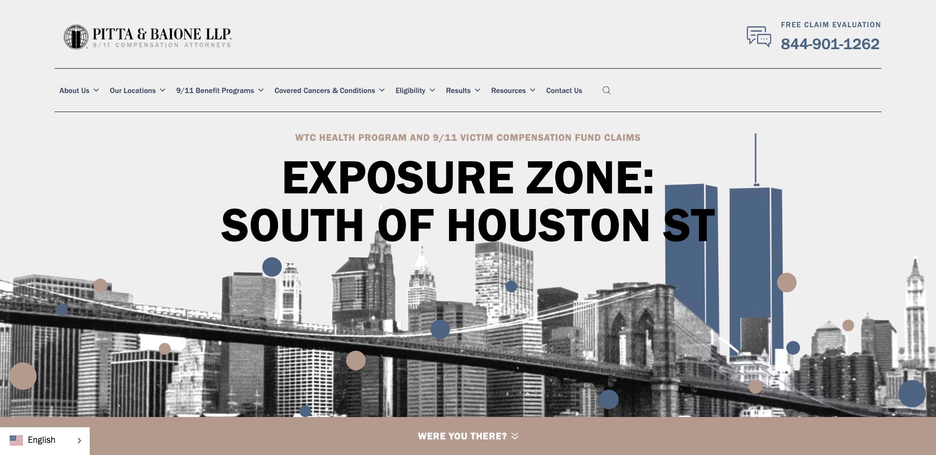 Website homepage for Pitta & Baione LLP, featuring New York City skyline graphics, Brooklyn Bridge, and bold text: Exposure Zone: South of Houston St about 9/11 Victim Compensation Fund claims.
