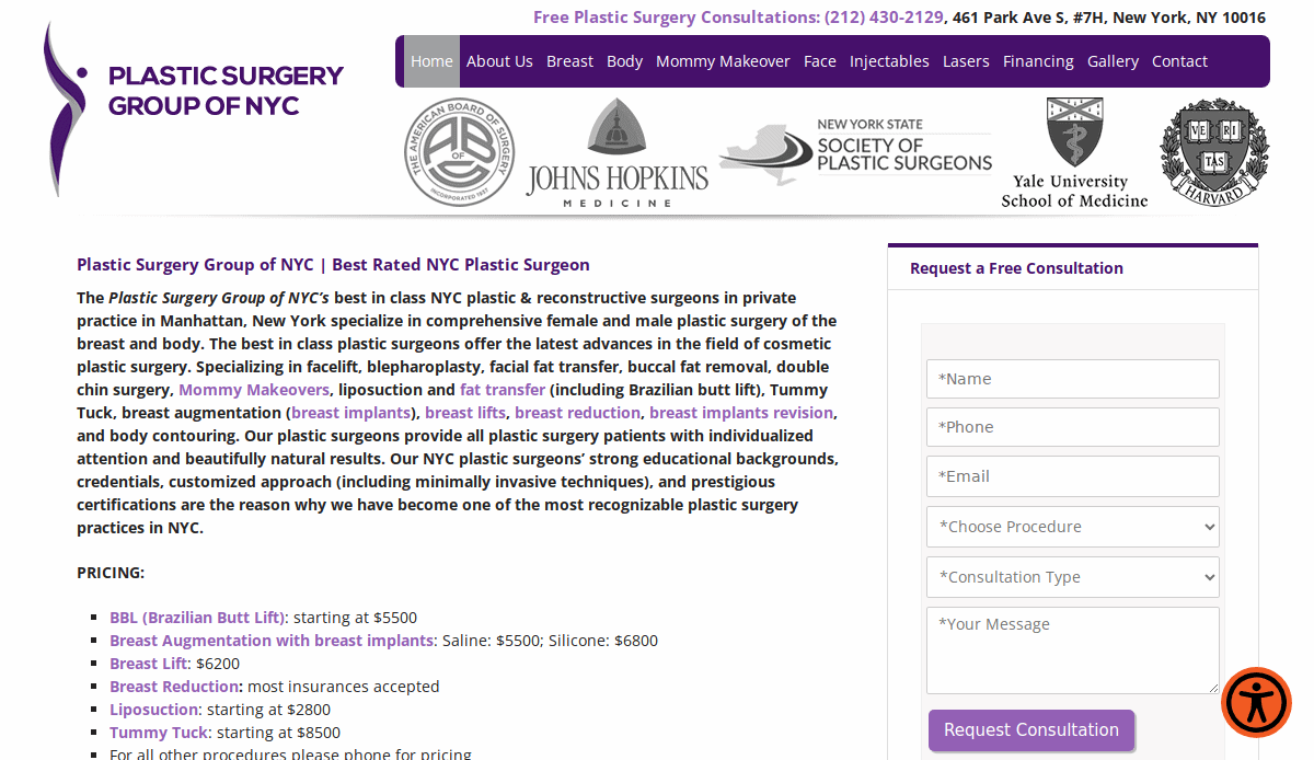 Screenshot of the Plastic Surgery Group of NYC website home page, showing logo, contact info, partner logos, a plastic surgery services description, procedure list, and a consultation form on the right.