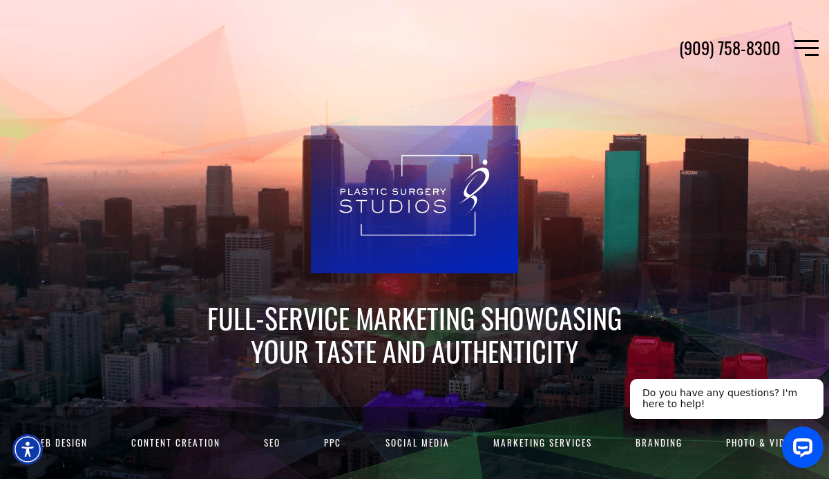 A city skyline at sunset with skyscrapers in silhouette. Overlaid text reads Plastic Surgery Studios and Full-service marketing showcasing your taste and authenticity. A phone number and chat popup appear on the screen.