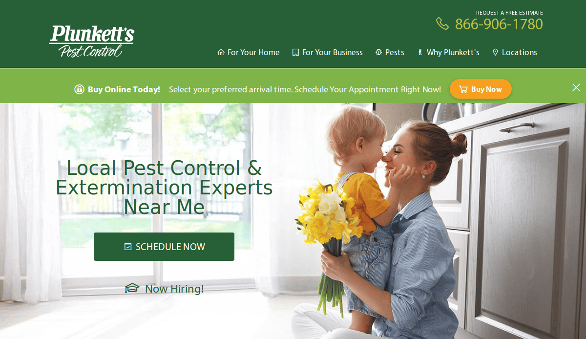 Screenshot of Plunketts Pest Control website showing a woman holding a child and yellow flowers in a bright kitchen. The site advertises local pest control services and has buttons for scheduling, hiring, and contacting.