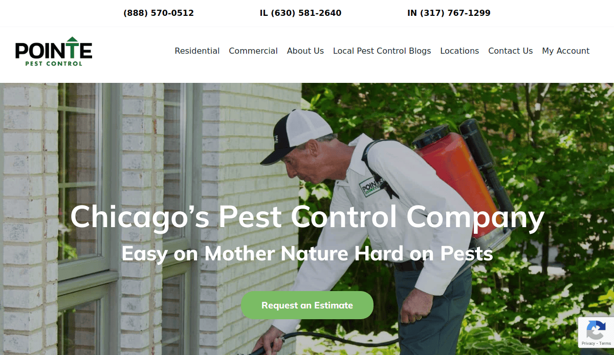 A pest control worker wearing a cap and uniform sprays around a house’s exterior wall. Text reads “Chicago’s Pest Control Company. Easy on Mother Nature Hard on Pests!” and there is a green “Request an Estimate” button.