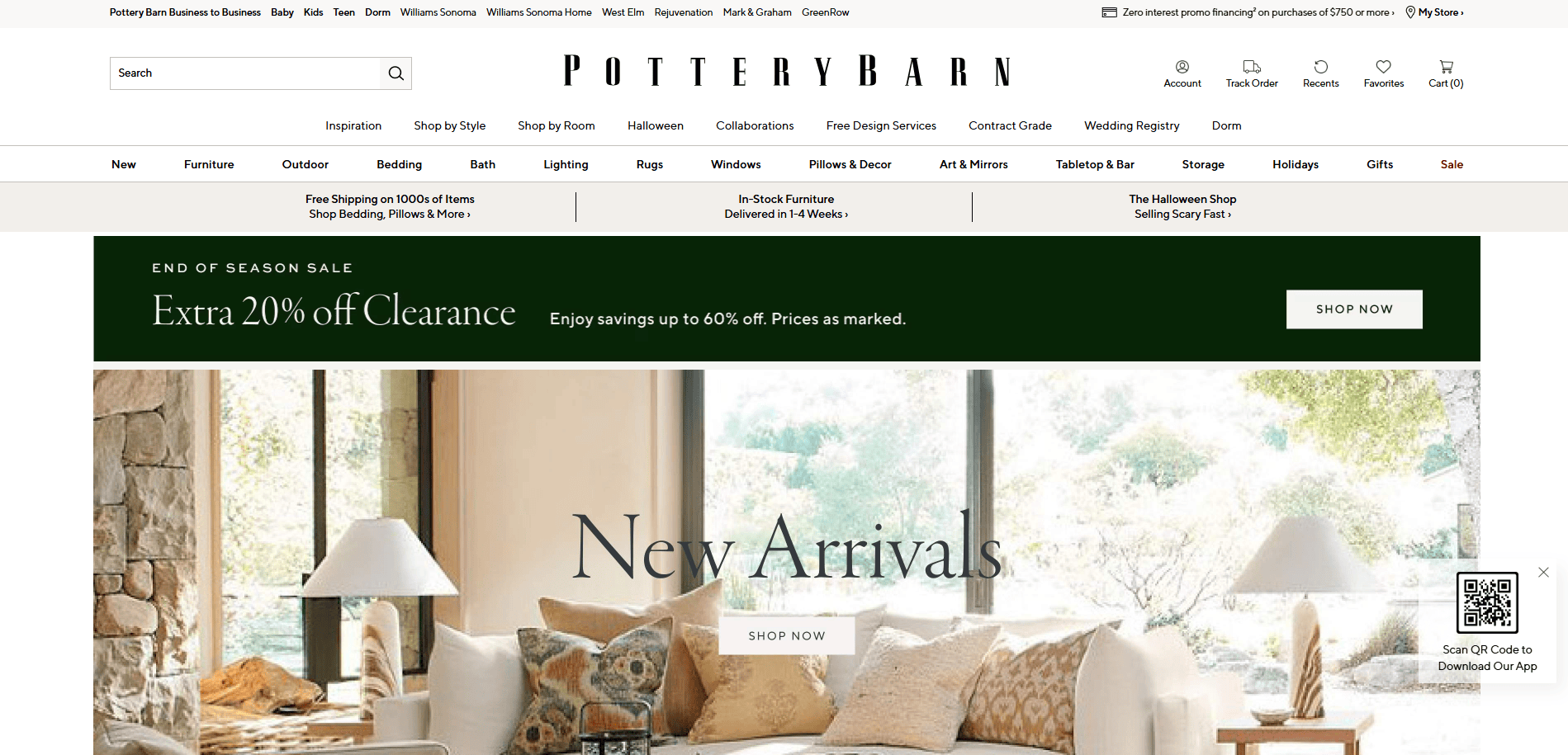 Screenshot of the Pottery Barn website homepage featuring a green banner for an “Extra 20% off Clearance” and a large photo of a stylish living room under the headline “New Arrivals.”.