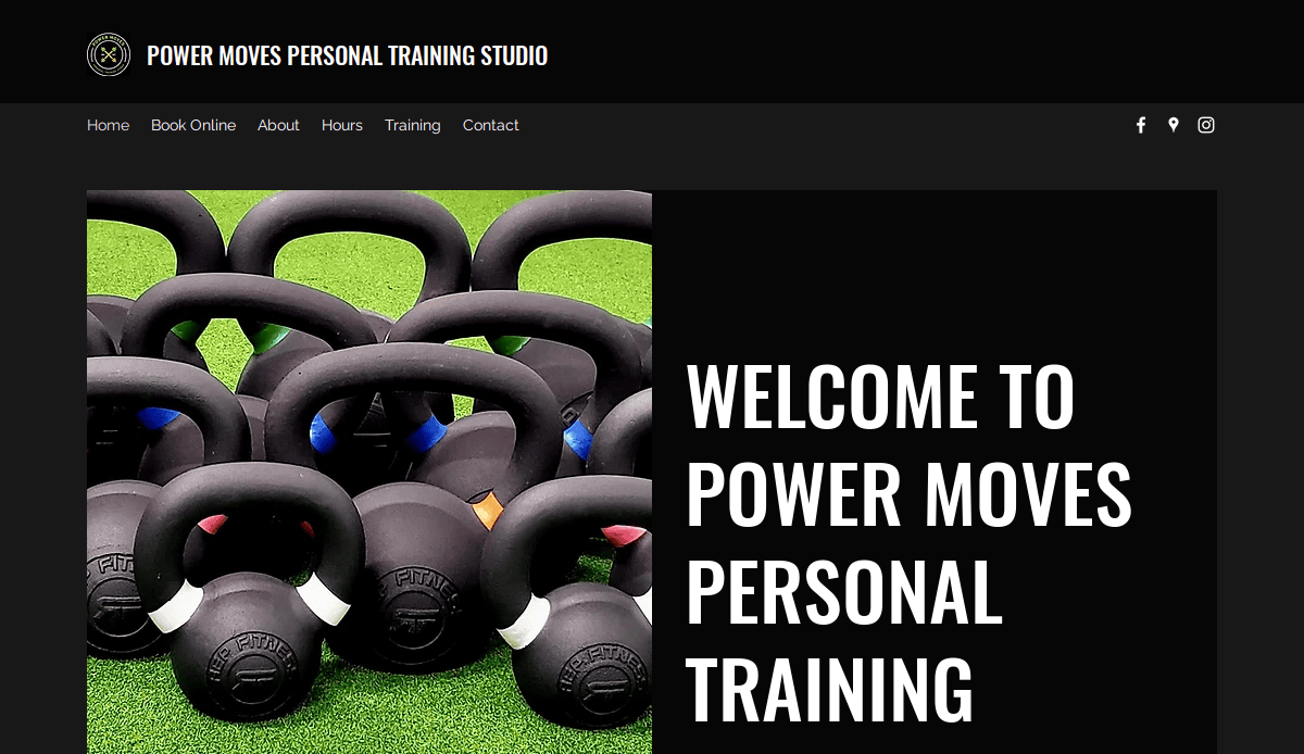 A group of black kettlebells with colored bands sits on green turf. Text reads: Welcome to Power Moves Personal Training. Website navigation appears above.