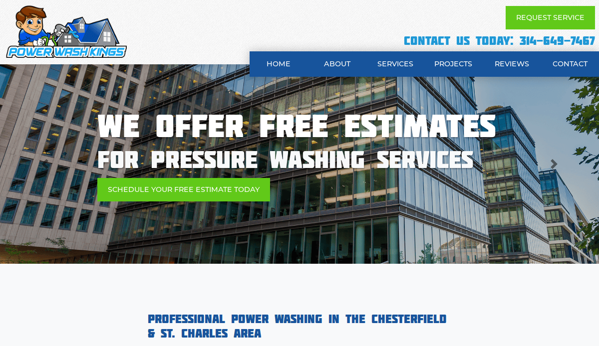 Homepage of Power Wash Kings showing a cartoon mascot, company logo, navigation menu, a modern glass building, and text offering free estimates for pressure washing services. There are options to request service and contact the company.