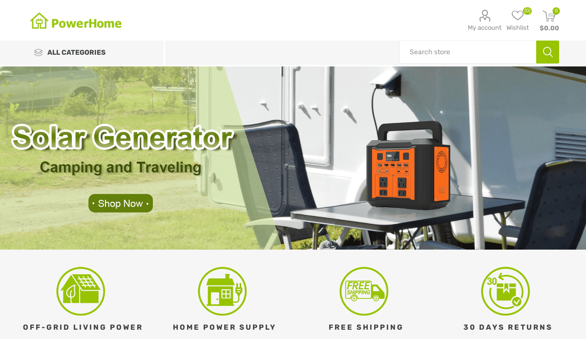 A portable solar generator sits on a table outside an RV, with chairs nearby. The website banner promotes solar generators for camping and traveling, highlighting off-grid power, free shipping, and 30-day returns.