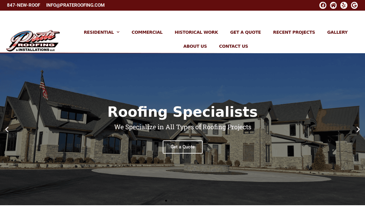 Screenshot of Pirate Roofing website homepage, featuring a large image of a modern stone building and a banner that reads “Roofing Specialists – We Specialize in All Types of Roofing Projects.”.
