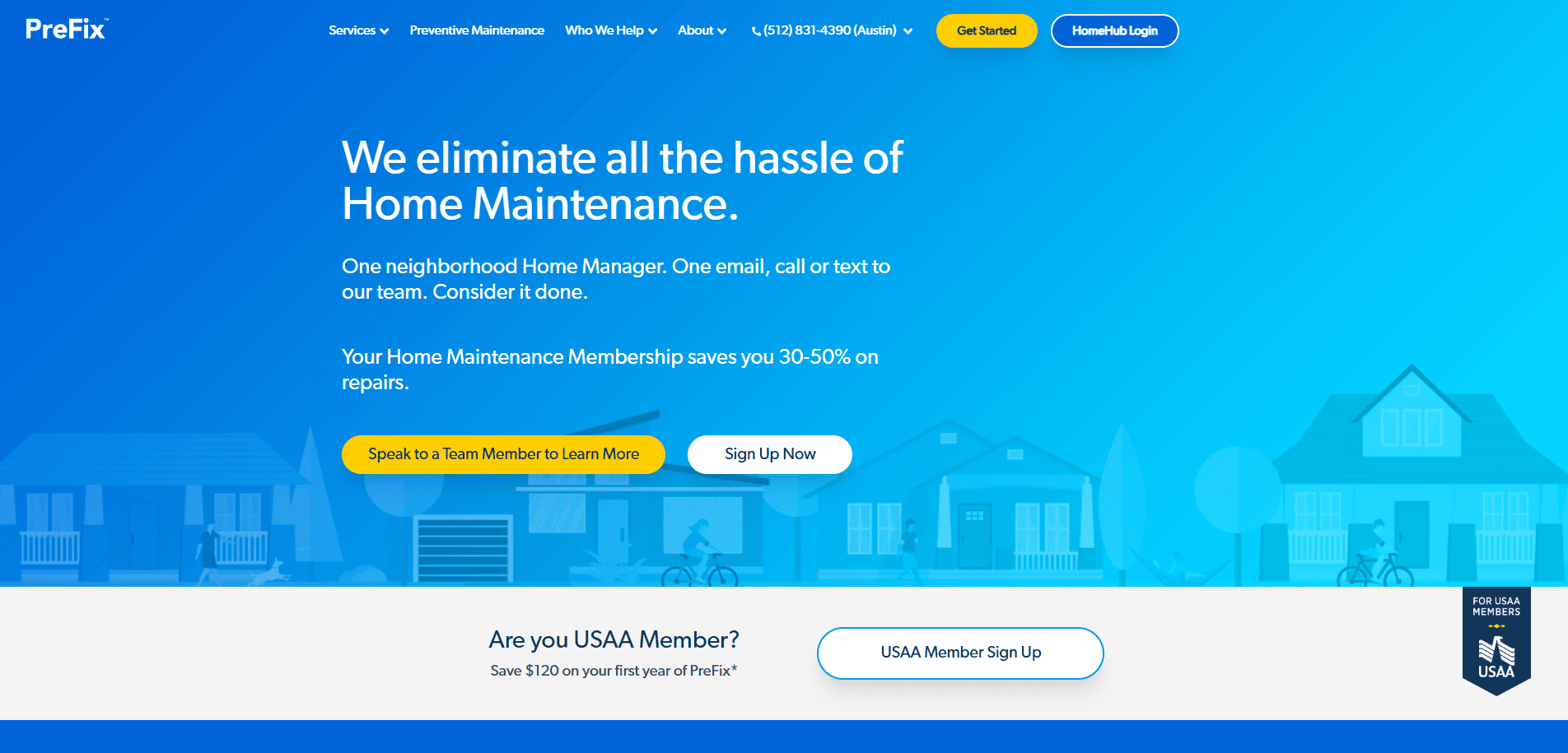 Screenshot of the PreFix website homepage. The main text reads, We eliminate all the hassle of Home Maintenance, with options to speak to a team member or sign up. Below is a USAA member sign-up offer. Illustrations of houses are in the background.