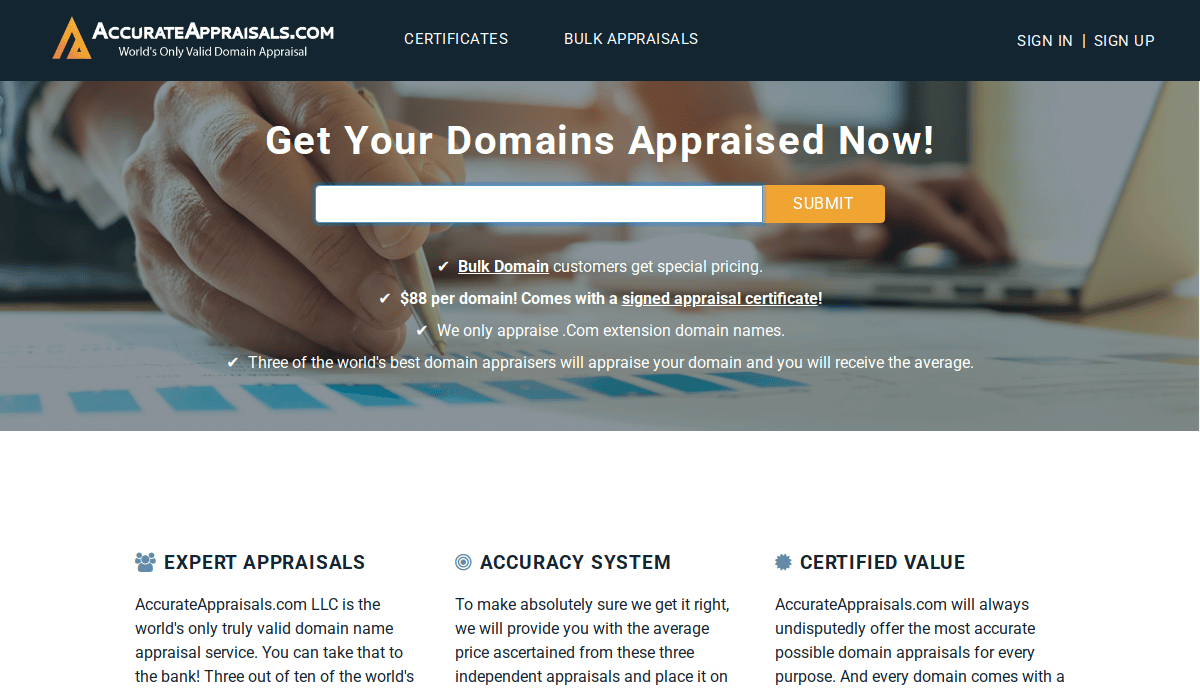 A website page from AccurateAppraisals.com invites users to get their domains appraised, offering special pricing, expert appraisals, signed certificates, and details on their accuracy system and certified value.