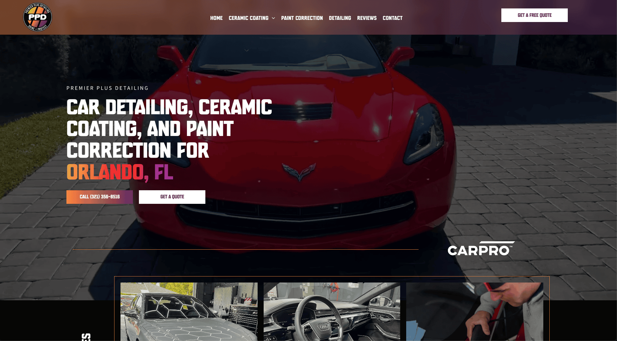 A red sports car parked on a stone driveway in front of a garage, featured on a website offering car detailing, ceramic coating, and paint correction services in Orlando, FL.