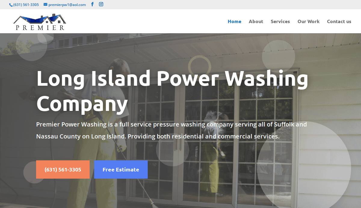 Screenshot of Premier Power Washing’s website homepage, showing their logo, contact info, navigation menu, and a background image of a worker using a pressure washer on a glass door. Two buttons read 631-561-3305 and Free Estimate.