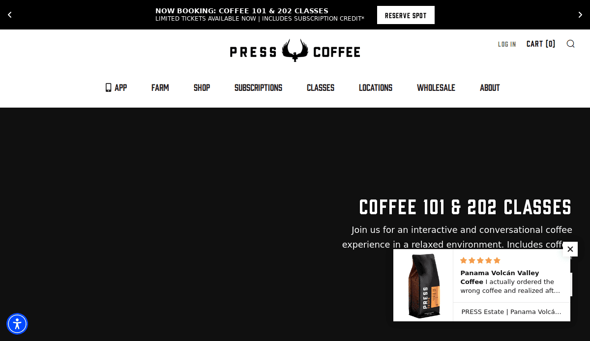 Screenshot of the Press Coffee website showing the Coffee 101 & 202 Classes section, with navigation links at the top and a pop-up displaying Panama Volcan Valley Coffee on the right side.