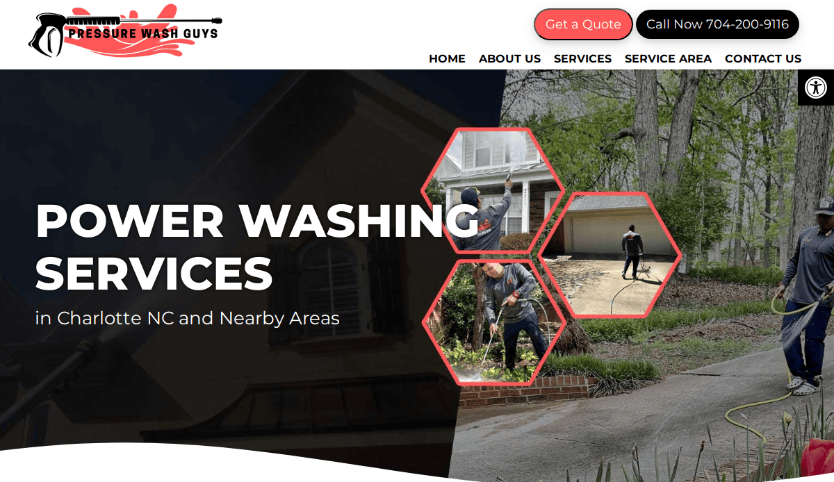 Homepage of Pressure Wash Guys featuring a bold “Power Washing Services” headline, contact buttons, and three hexagonal images of workers power washing houses, driveways, and walkways in residential settings.