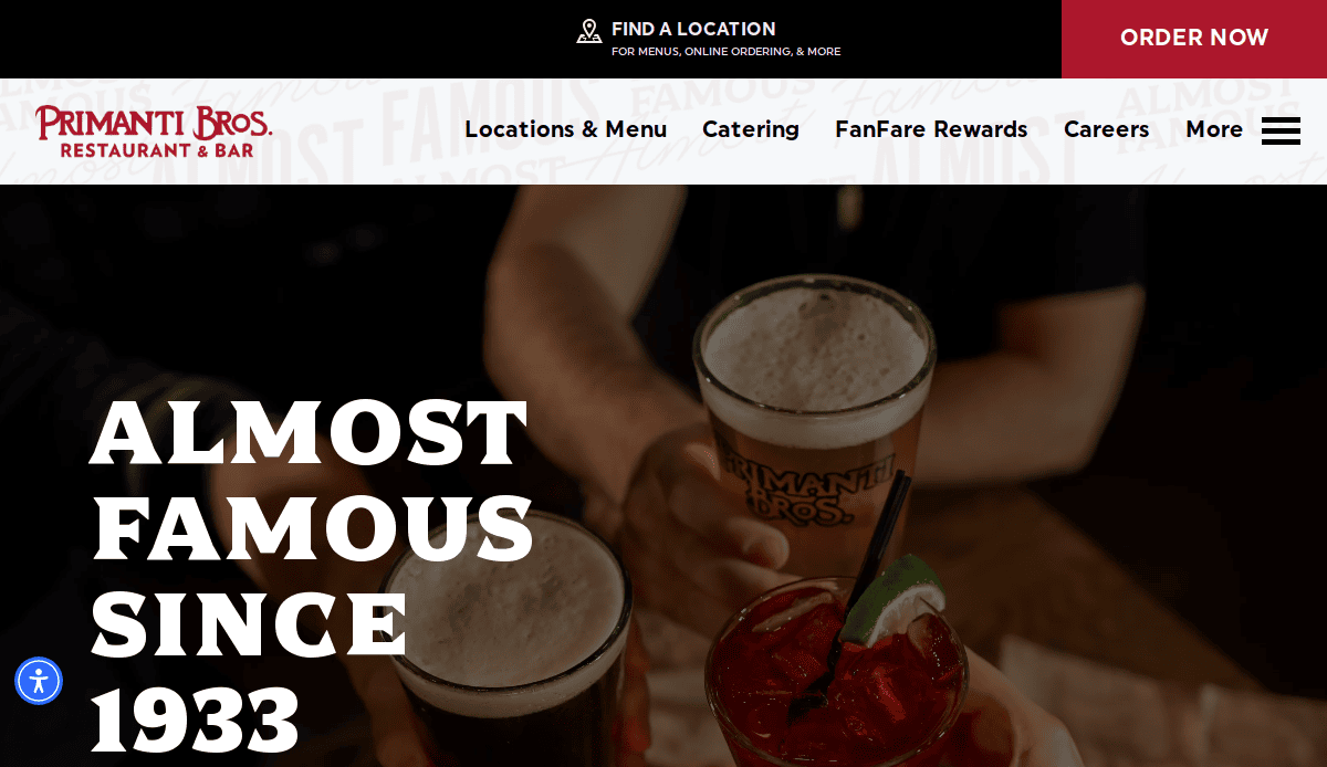 Three hands holding different drinks (beer and a cocktail) above a table, with bold white text reading Almost Famous Since 1933 and the Primanti Bros. Restaurant & Bar menu above.