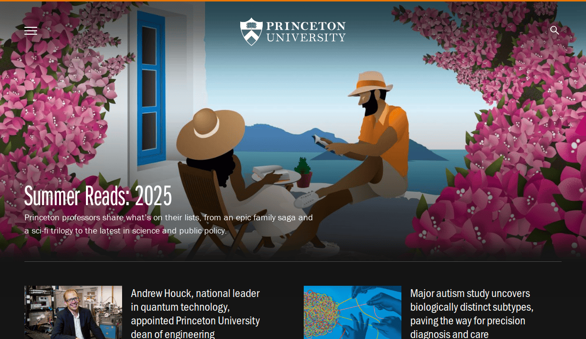 Two people in summer hats relax on a patio surrounded by pink flowers, reading and using a tablet. The Princeton University logo appears above them. Headlines and news stories are displayed below.
